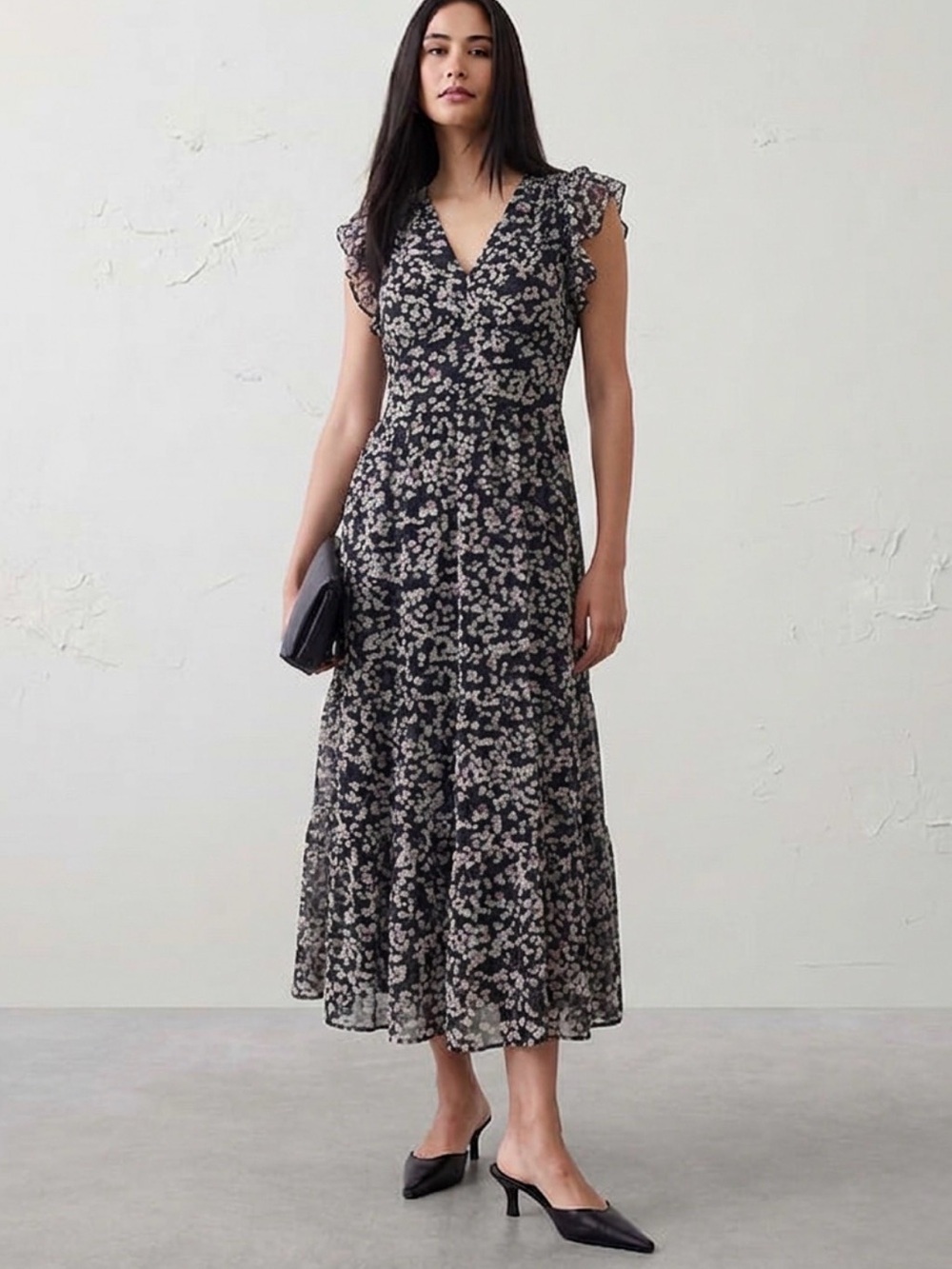 NEW Banana Republic Floral Midi Dress size 0 Black pink Ruffle Sleeve